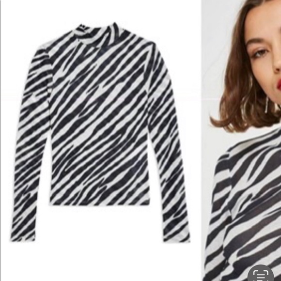 NEW Topshop Zebra Long sleeve Mock Neck Semi-Sheer top Black White size 2 XS - Picture 2 of 7